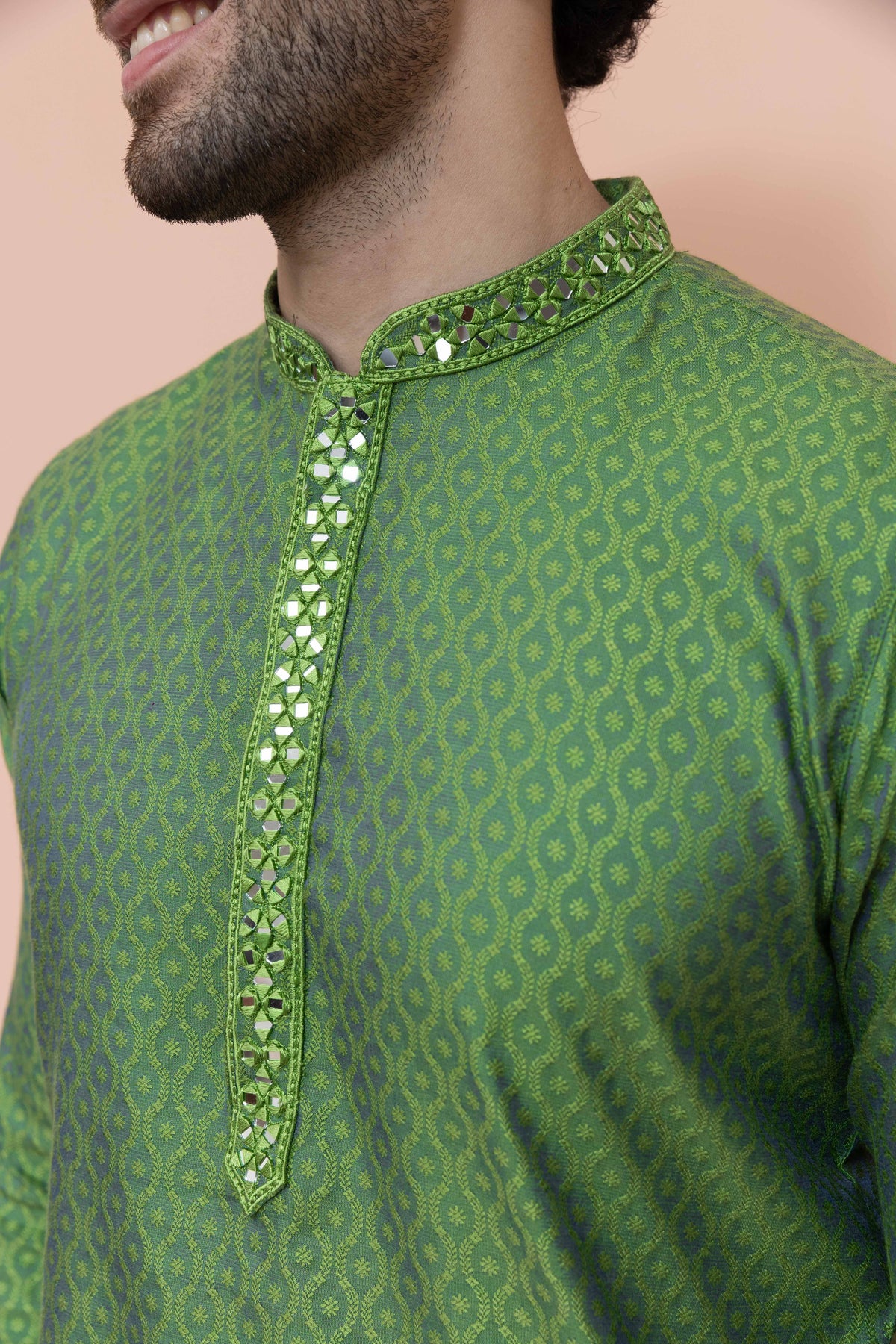 Men Green Ethnic Motifs Mirror work Kurta