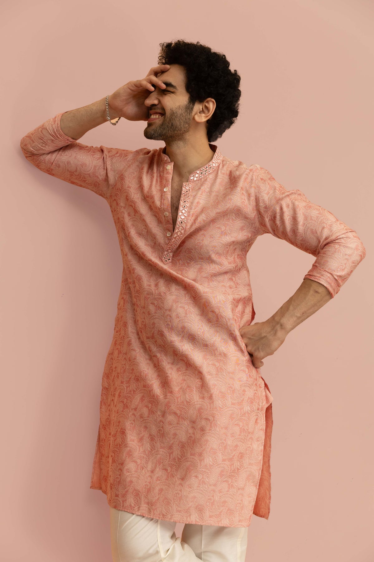 Peach Paisley Print Mirror Work Kurta