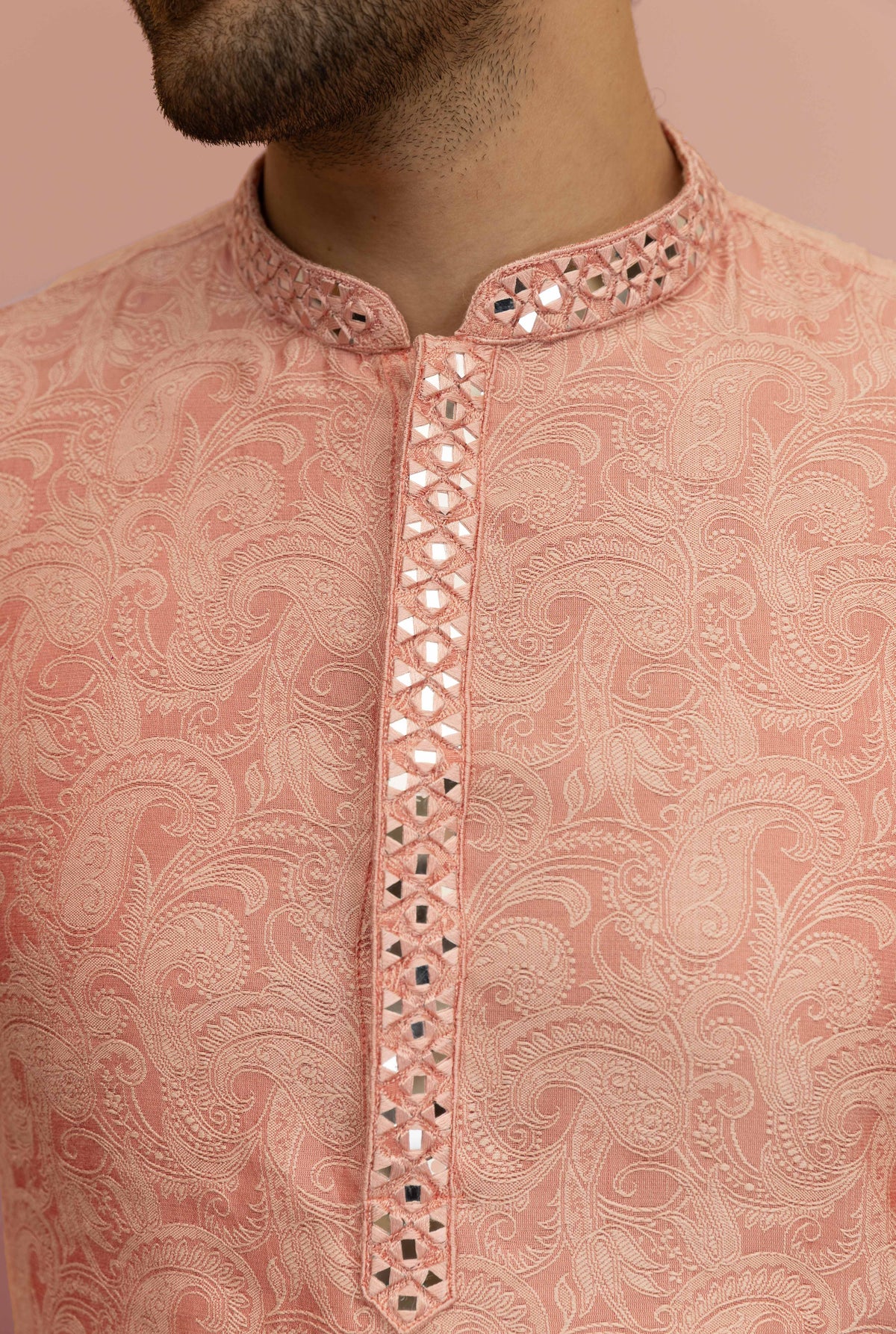 Peach Paisley Print Mirror Work Kurta