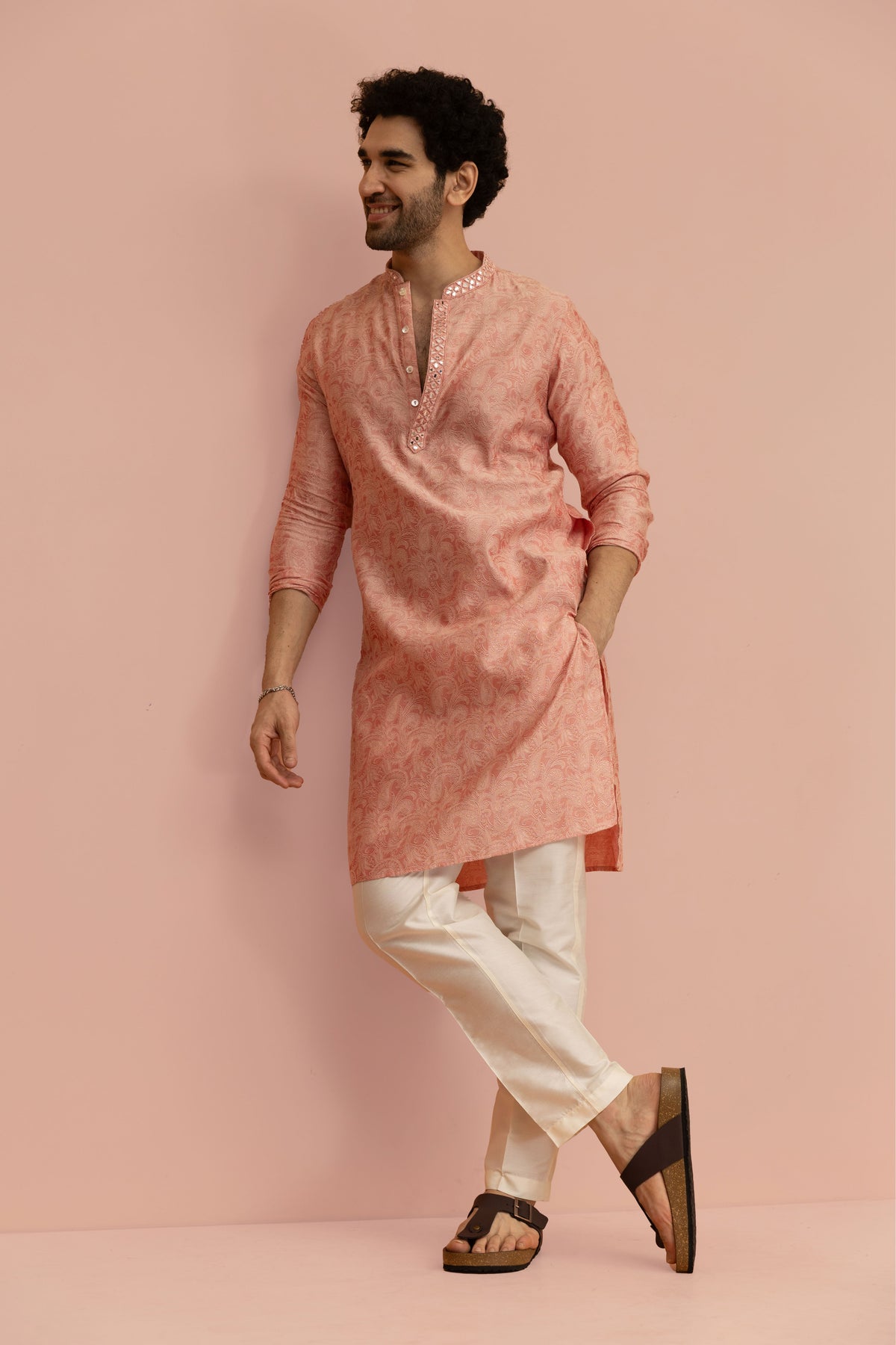 Peach Paisley Print Mirror Work Kurta