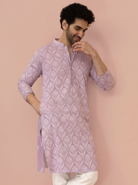 Men Lilac Embroidered Heavy Thread Work Kurta