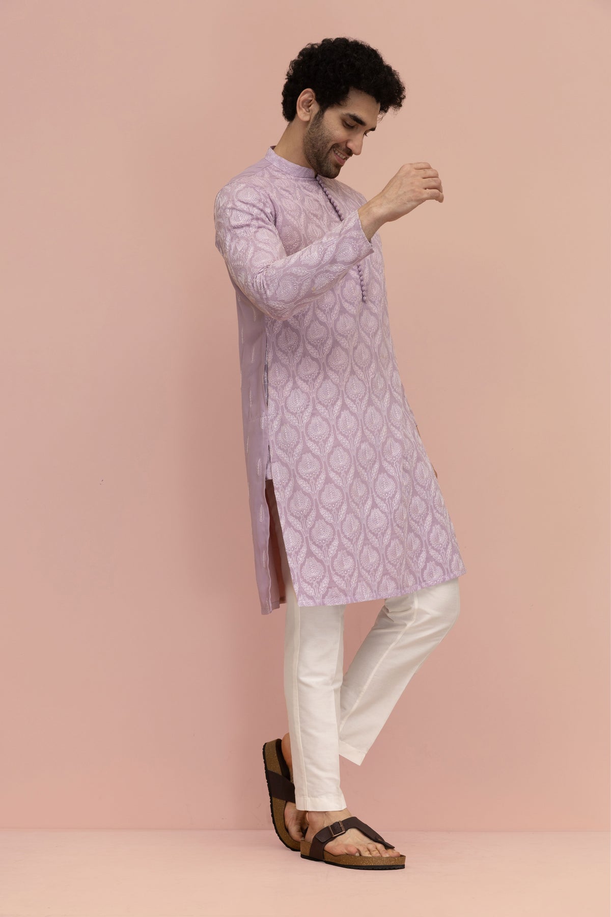 Men Lilac Embroidered Heavy Thread Work Kurta