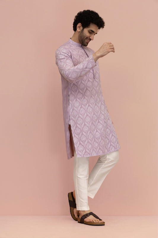 Men Lilac Embroidered Heavy Thread Work Kurta