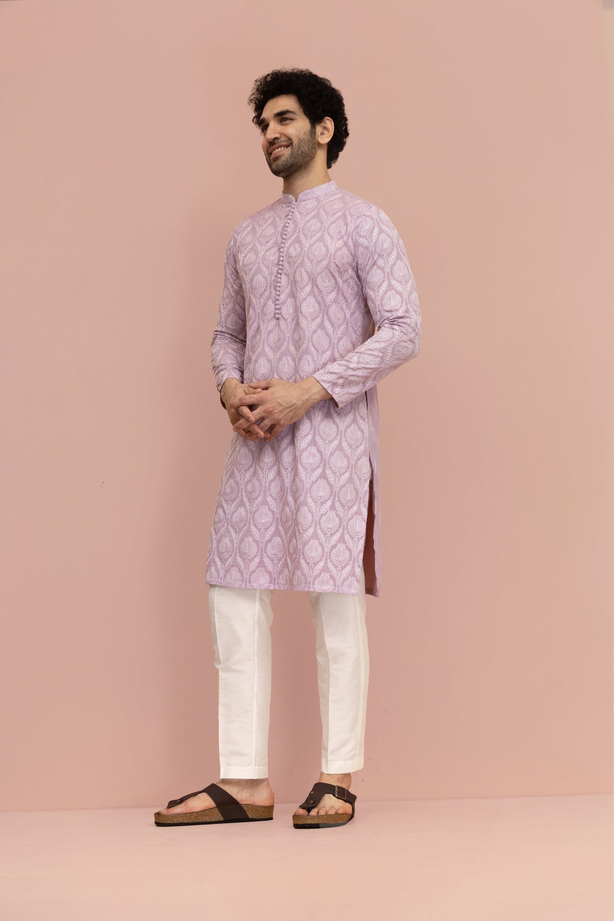 Men Lilac Embroidered Heavy Thread Work Kurta