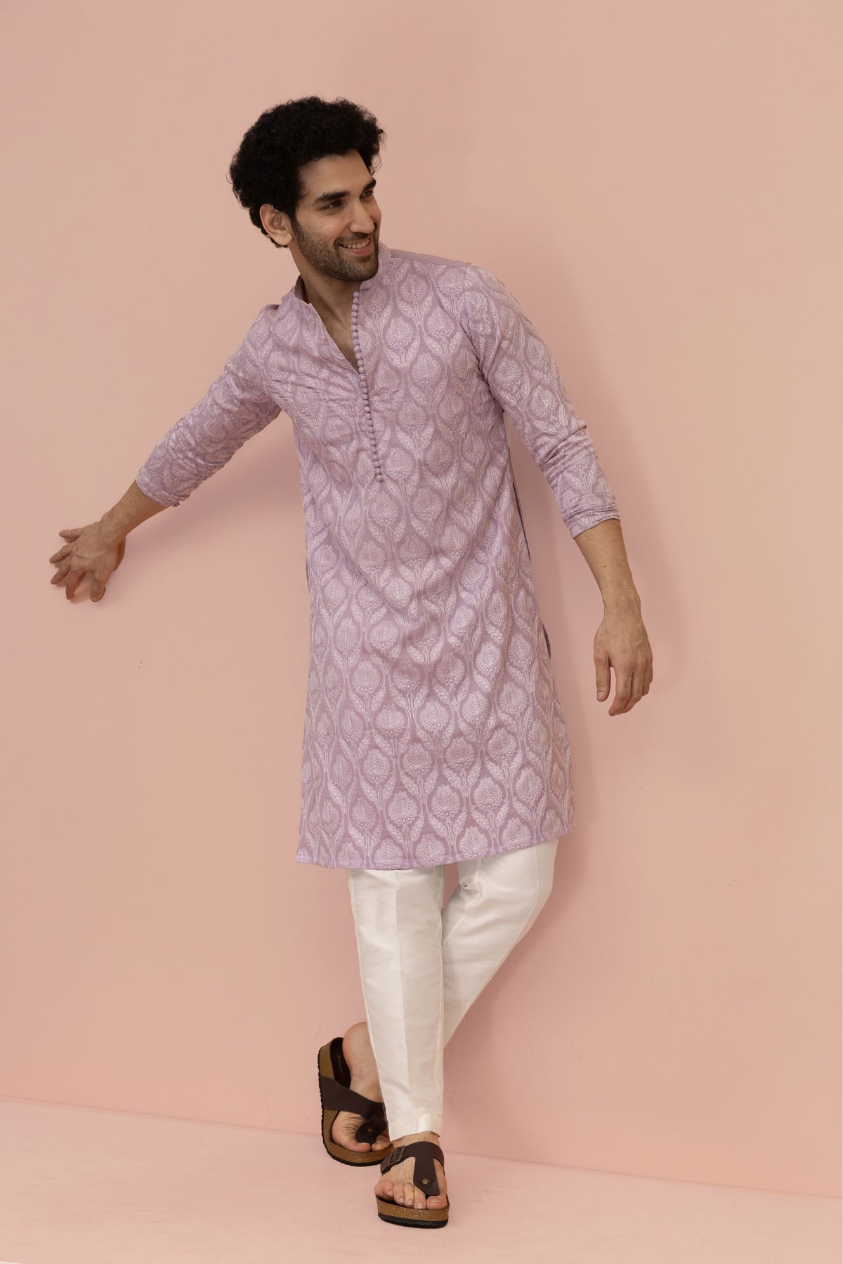 Men Lilac Embroidered Heavy Thread Work Kurta