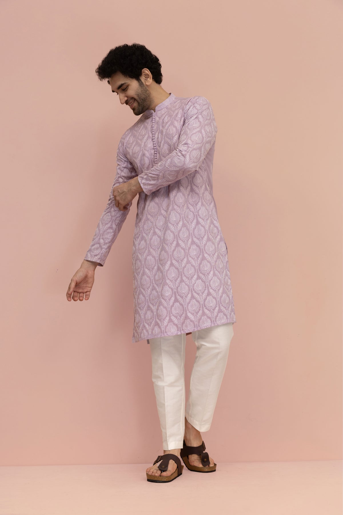 Men Lilac Embroidered Heavy Thread Work Kurta