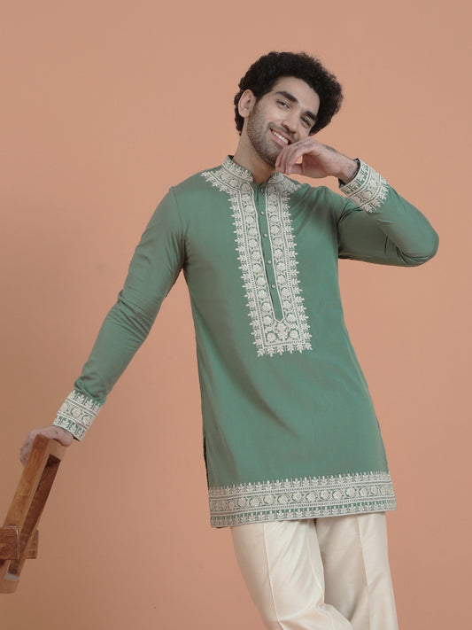 Green Cotton Silk Embroidered Mid Kurta