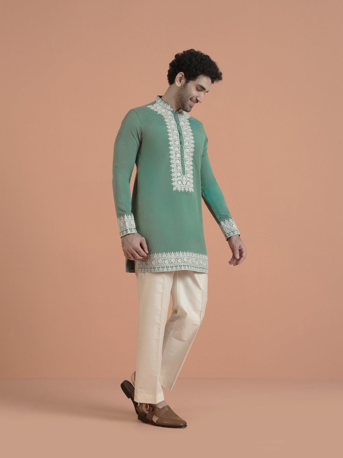 Green Cotton Silk Embroidered Mid Kurta