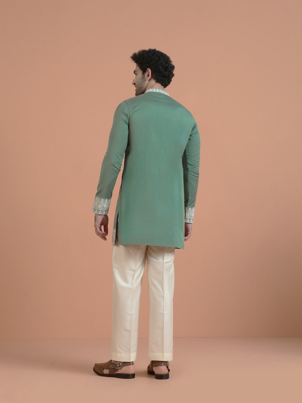 Green Cotton Silk Embroidered Mid Kurta