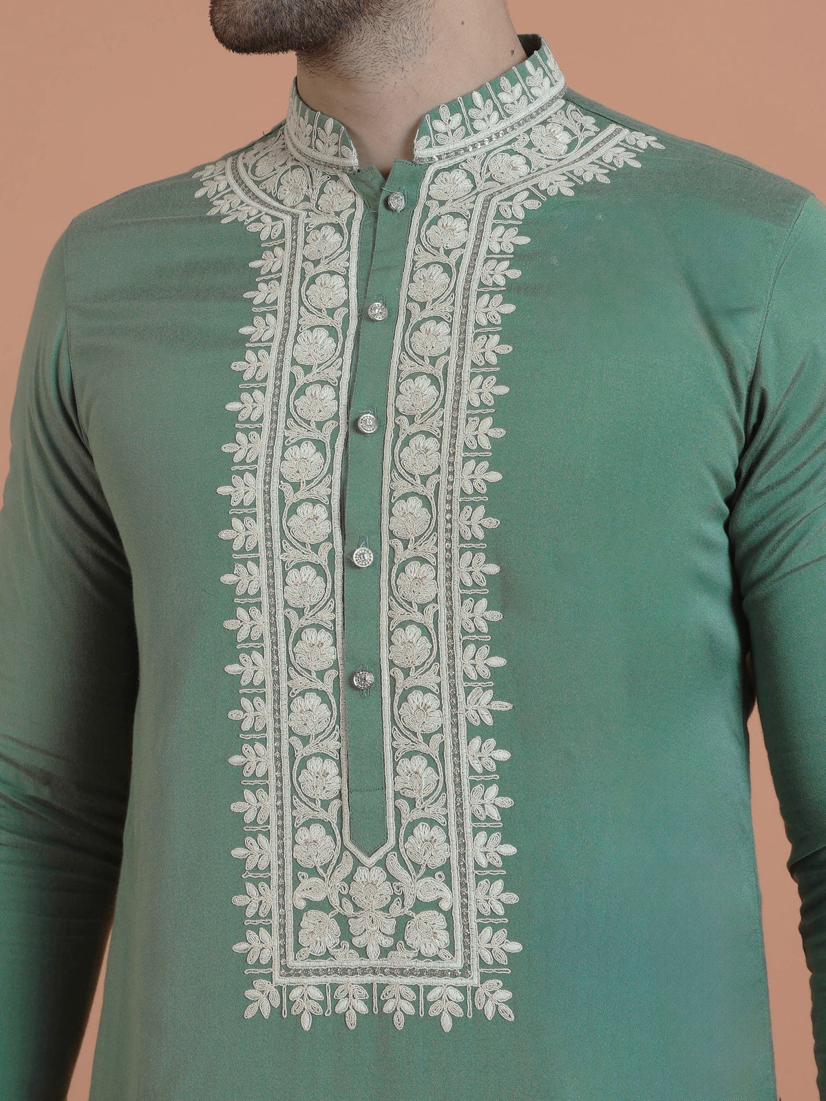 Green Cotton Silk Embroidered Mid Kurta