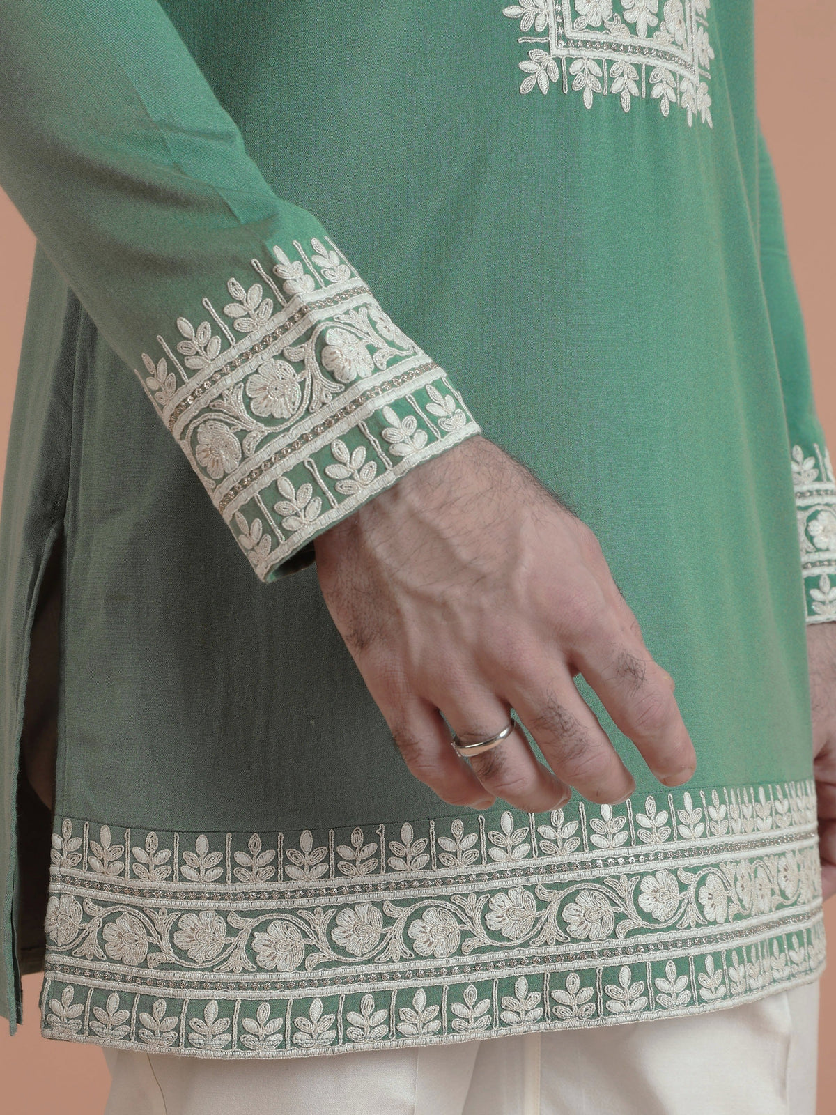 Green Cotton Silk Embroidered Mid Kurta