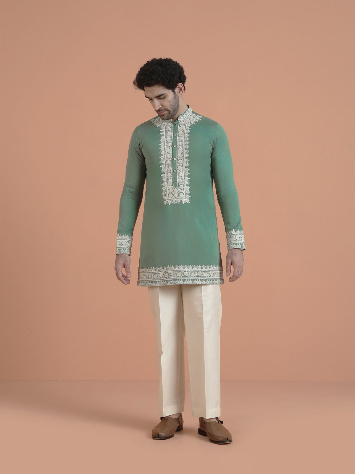 Green Cotton Silk Embroidered Mid Kurta
