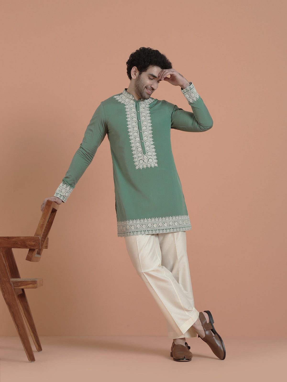 Green Cotton Silk Embroidered Mid Kurta