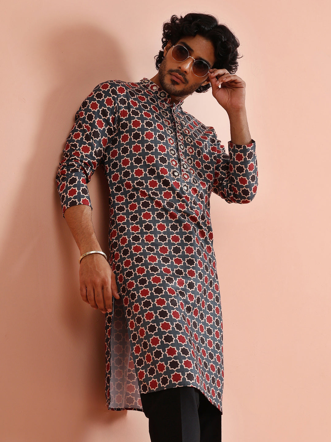 Grey & Red Geometric Printed Kurta