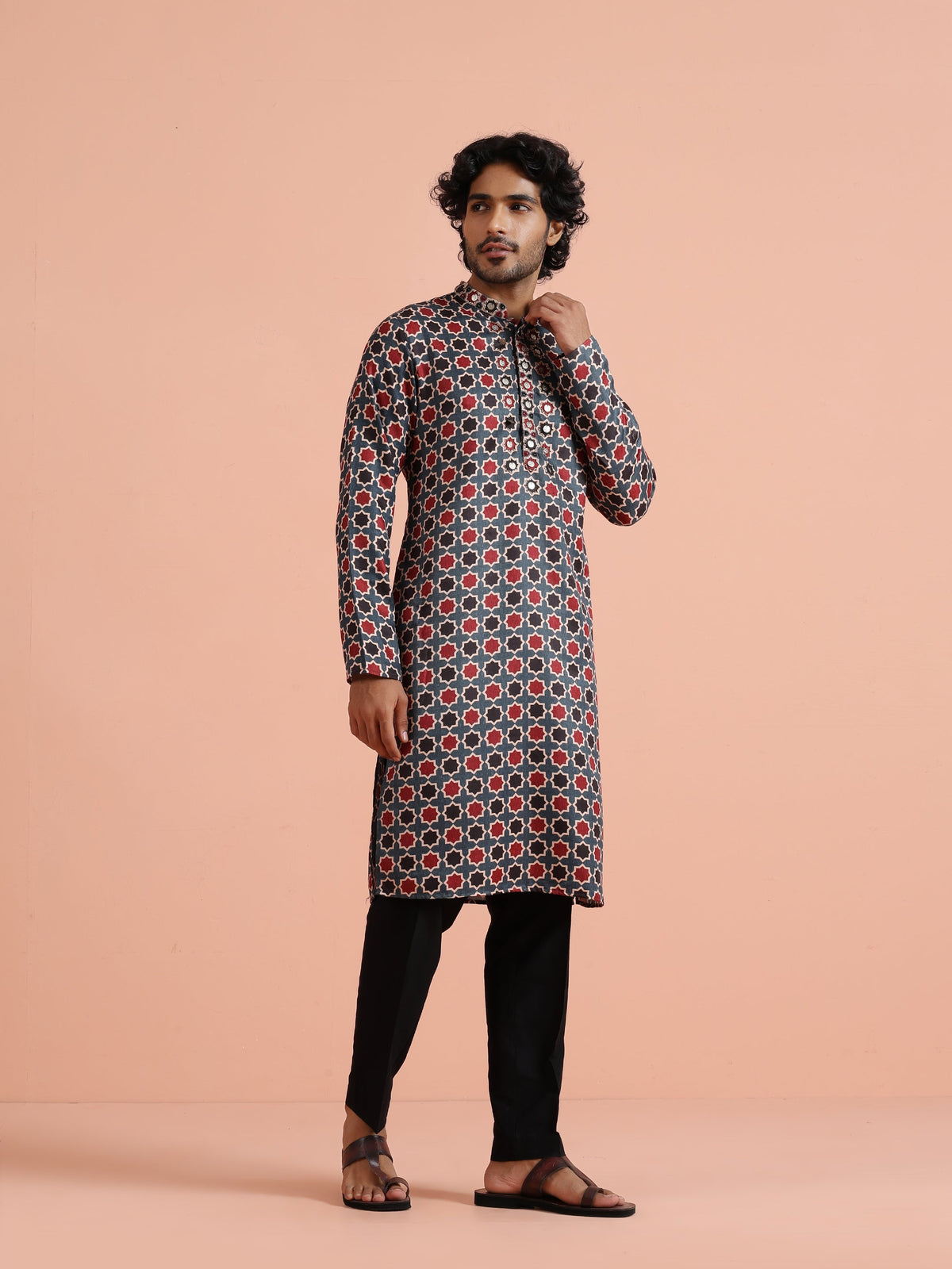Grey & Red Geometric Printed Kurta