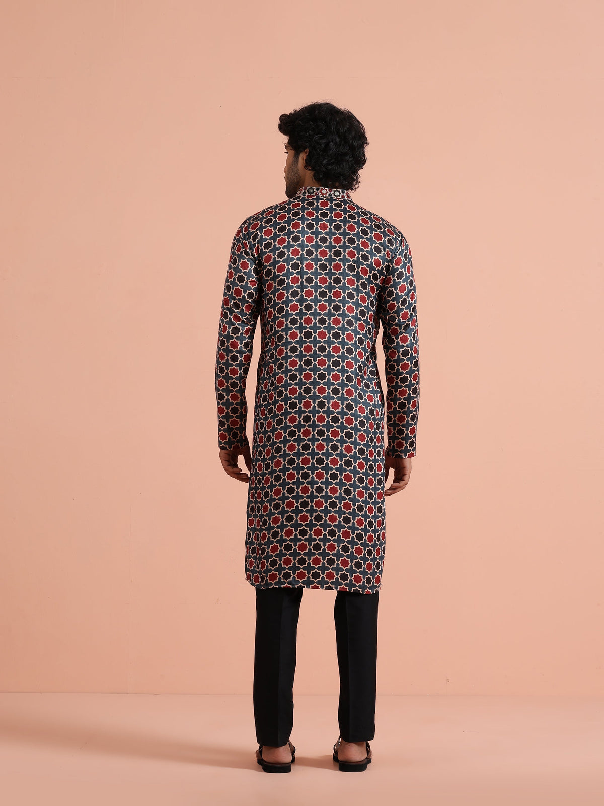 Grey & Red Geometric Printed Kurta