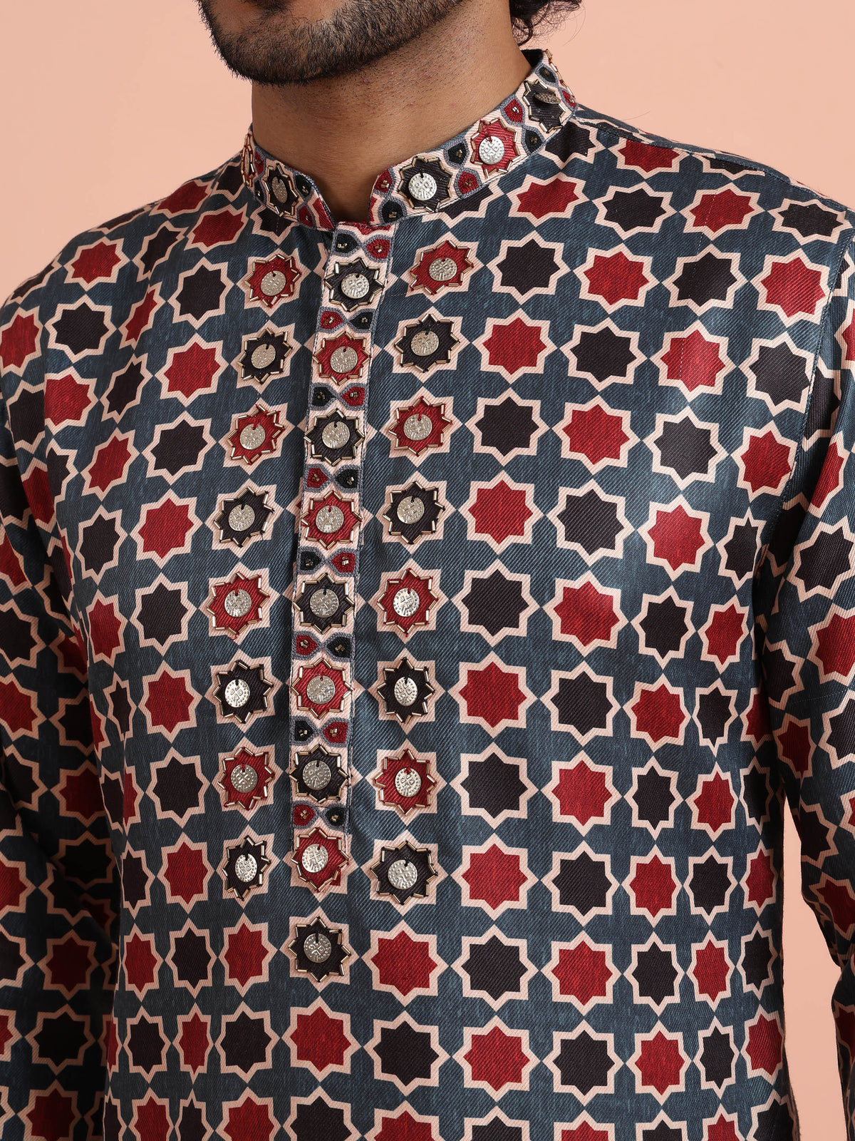 Grey & Red Geometric Printed Kurta