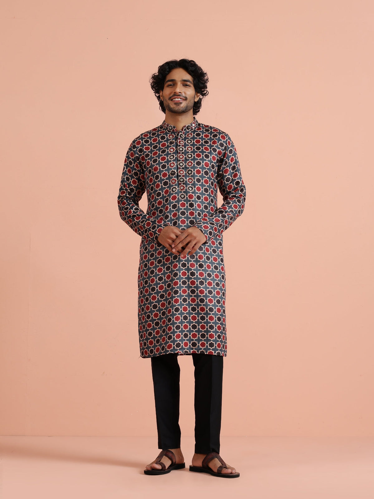 Grey & Red Geometric Printed Kurta