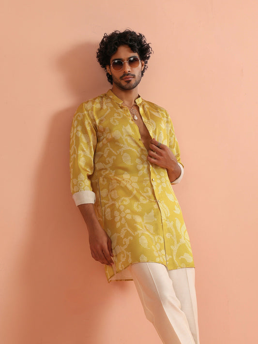 Yellow Art Silk Front Open Mid Kurta