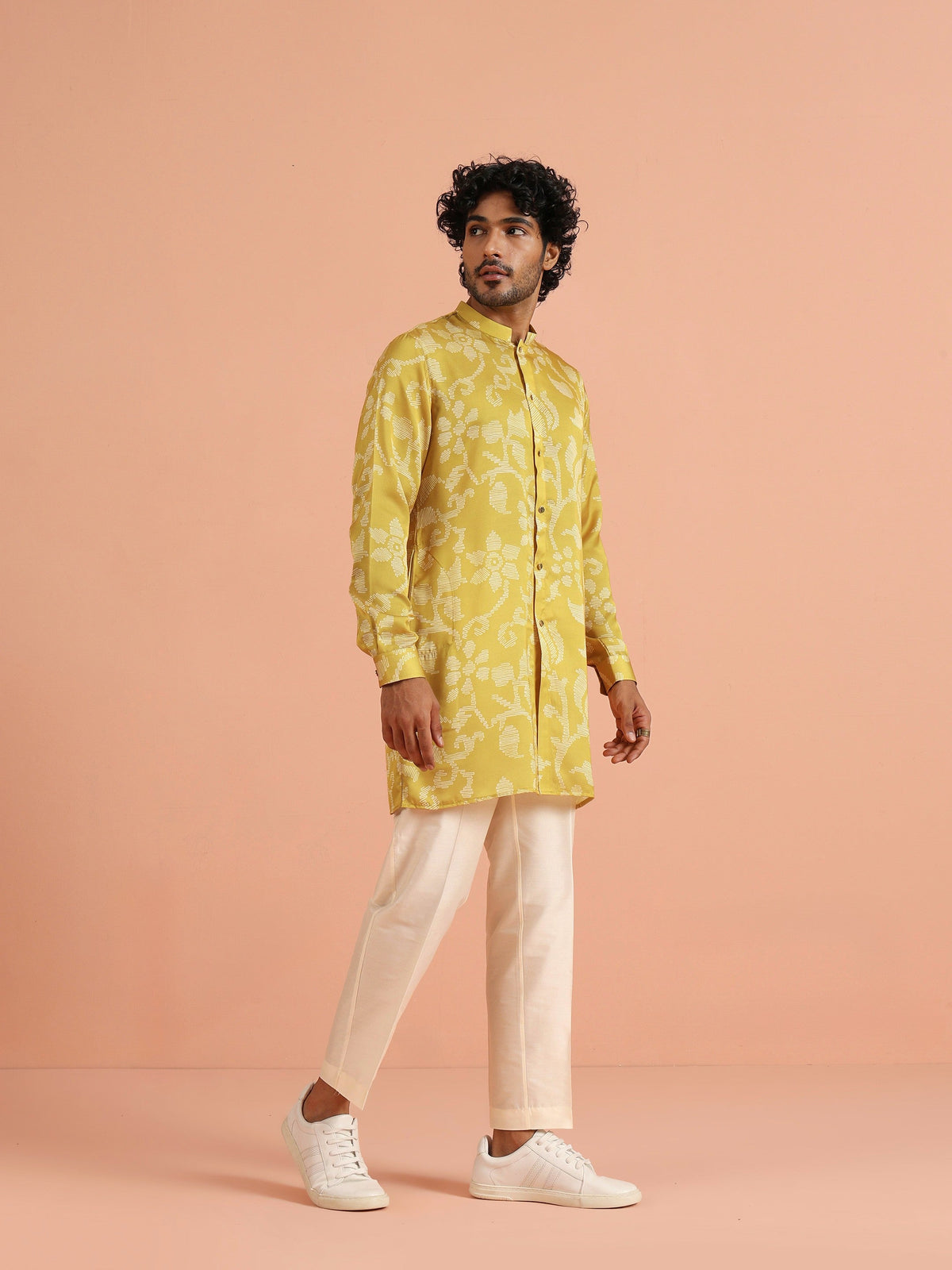 Yellow Art Silk Front Open Mid Kurta