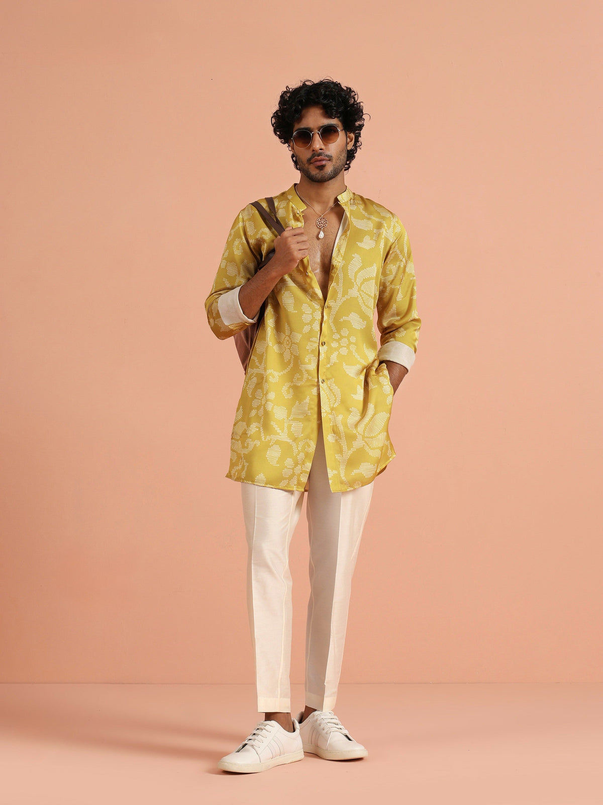 Yellow Art Silk Front Open Mid Kurta