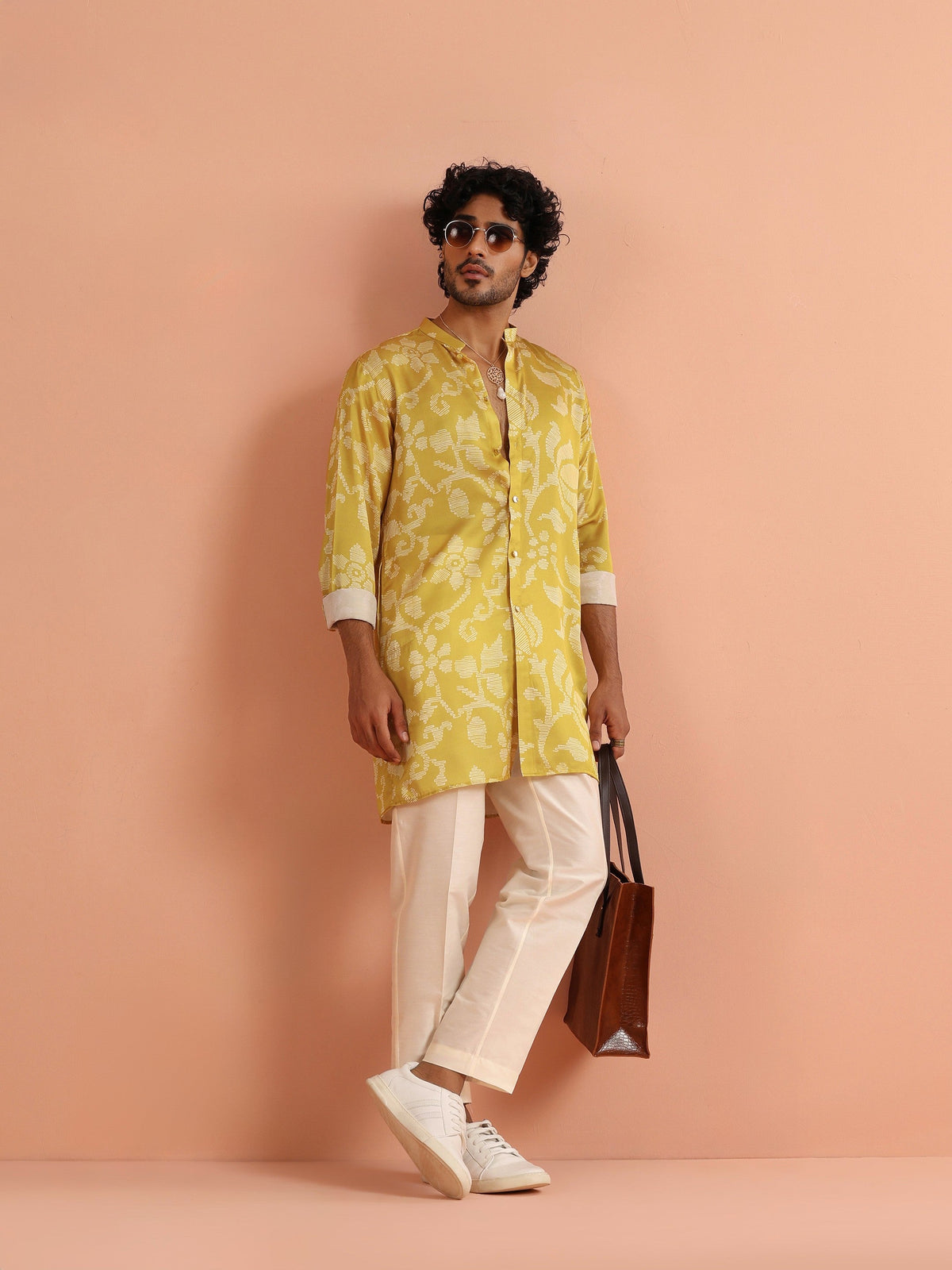 Yellow Art Silk Front Open Mid Kurta
