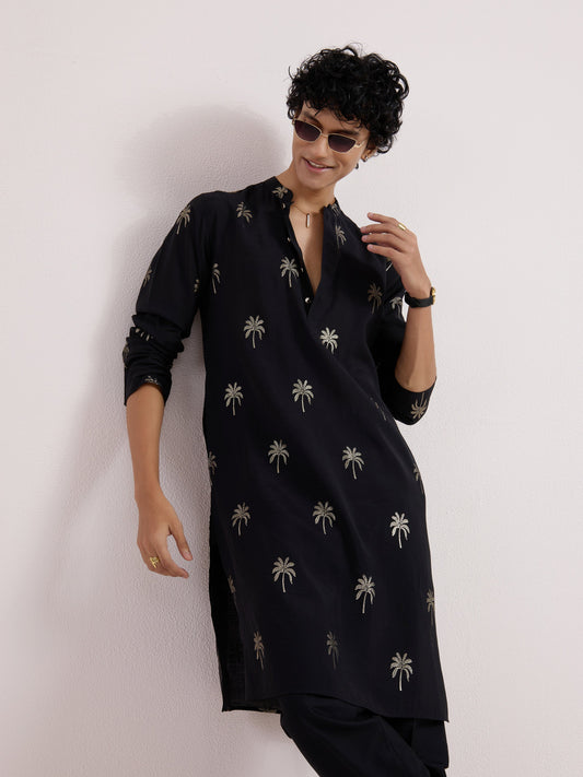 Black Cotton Silk Printed Kurta