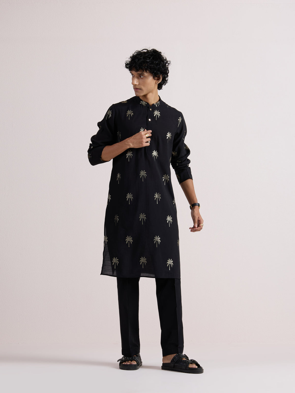 Black Cotton Silk Printed Kurta
