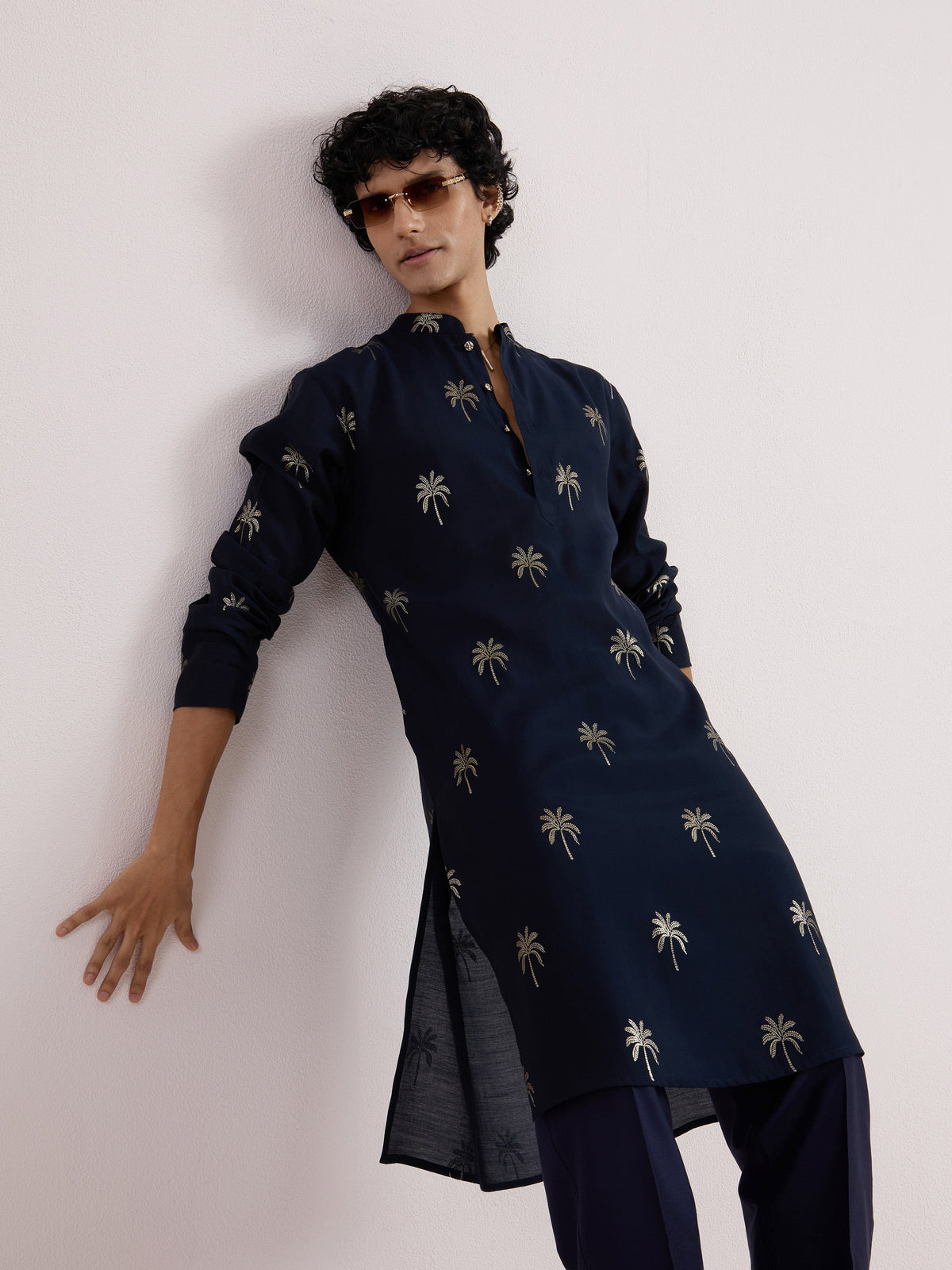 Navy Blue Palm Printed Kurta