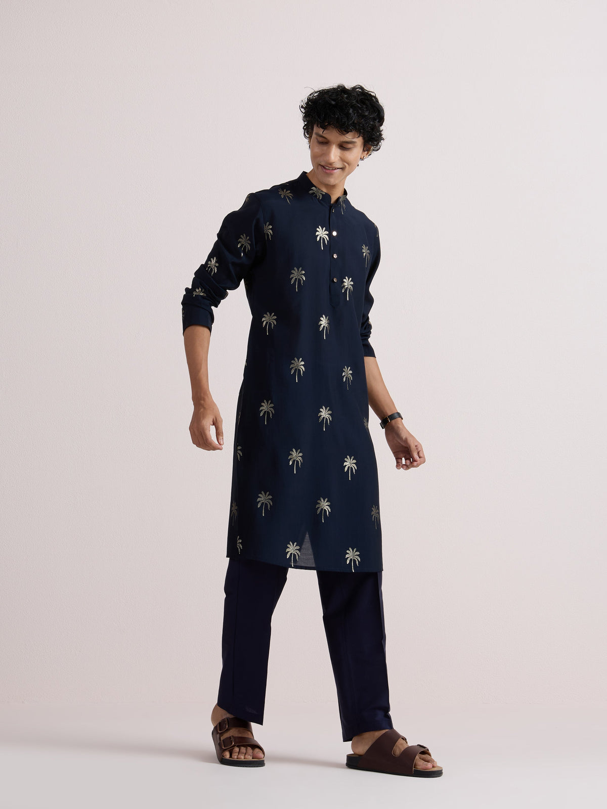 Navy Blue Palm Printed Kurta
