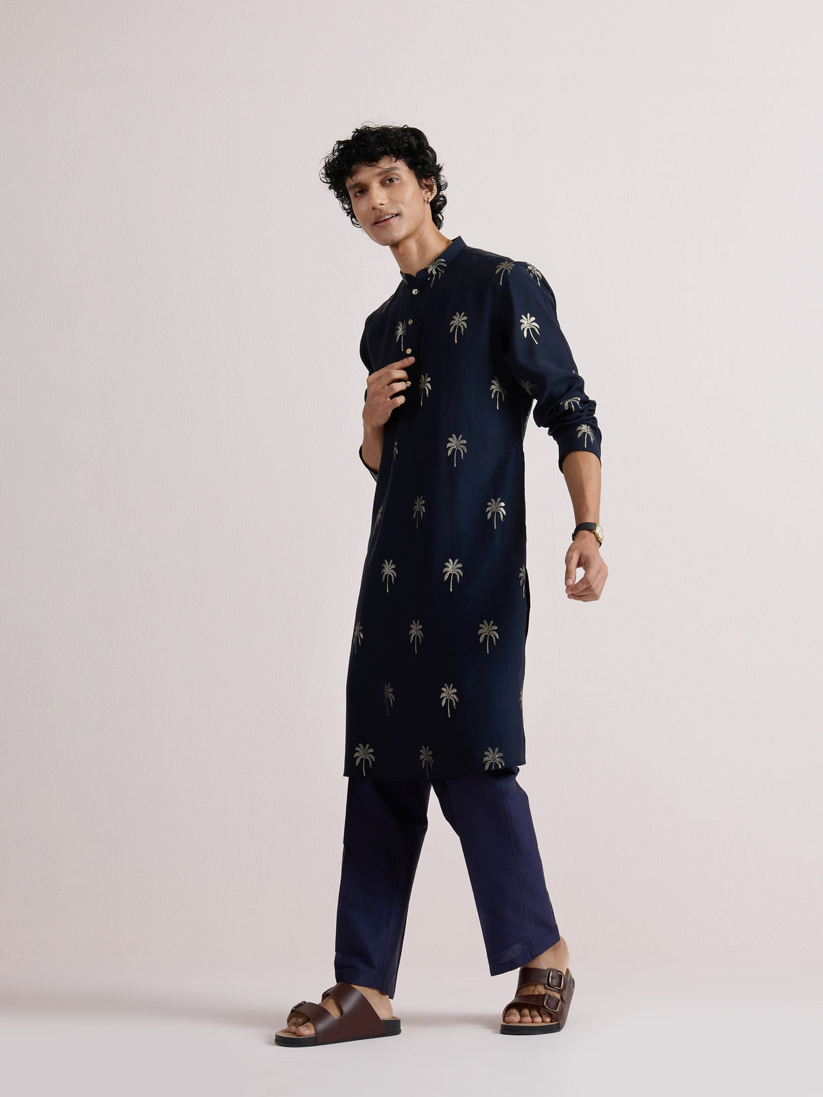 Navy Blue Palm Printed Kurta