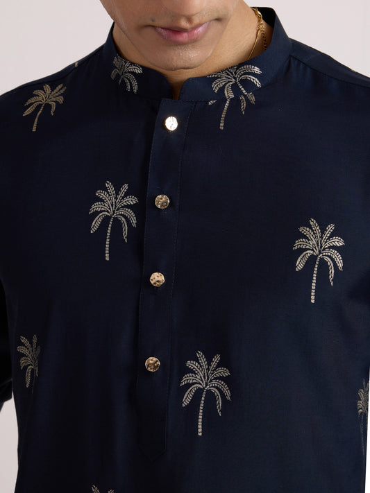 Navy Blue Palm Printed Kurta