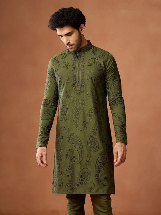 Olive Green Silk Blend Embroidered Kurta