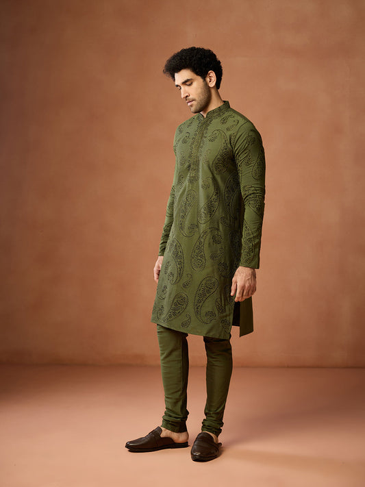 Olive Green Silk Blend Embroidered Kurta