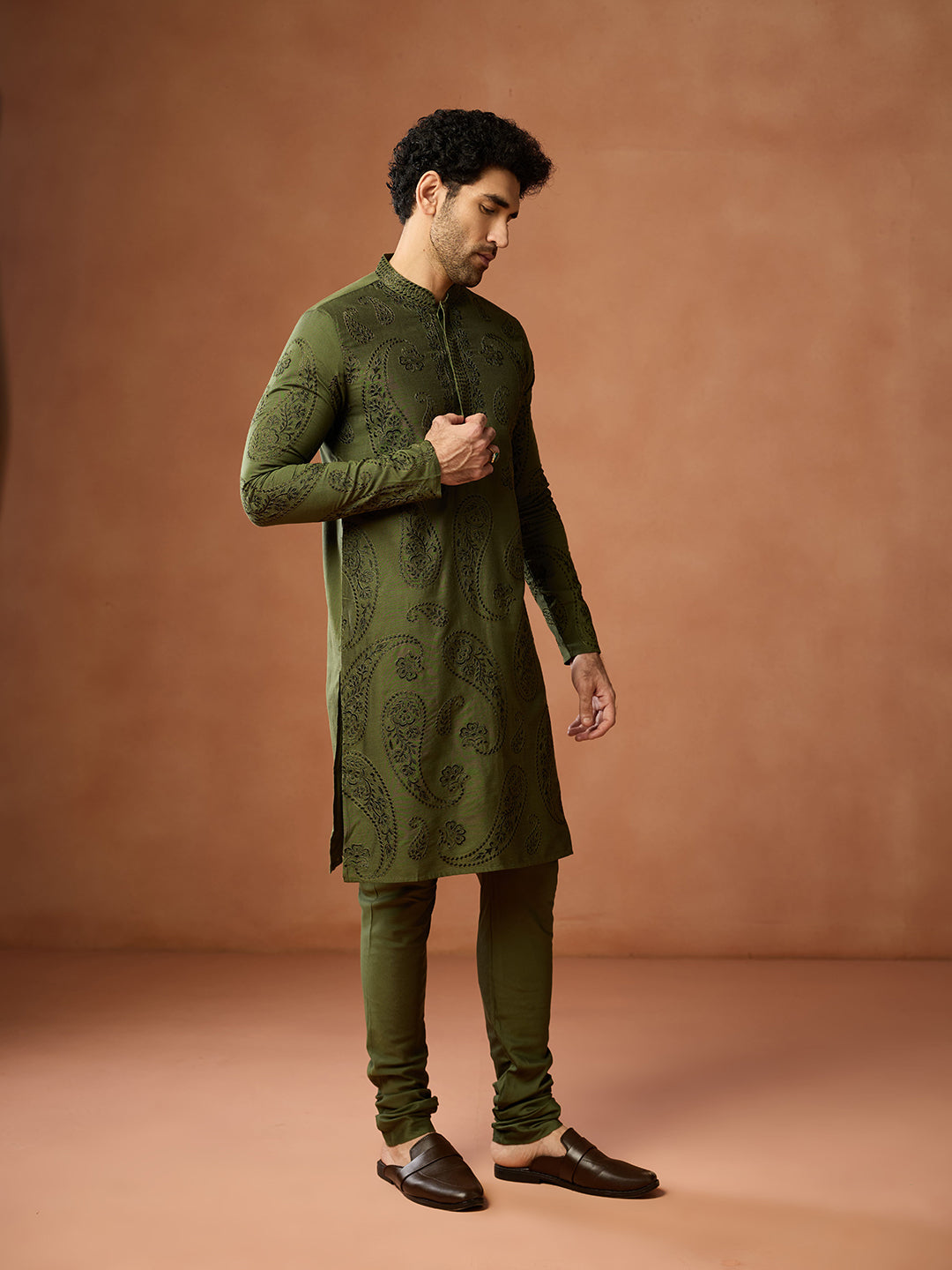 Olive Green Silk Blend Embroidered Kurta