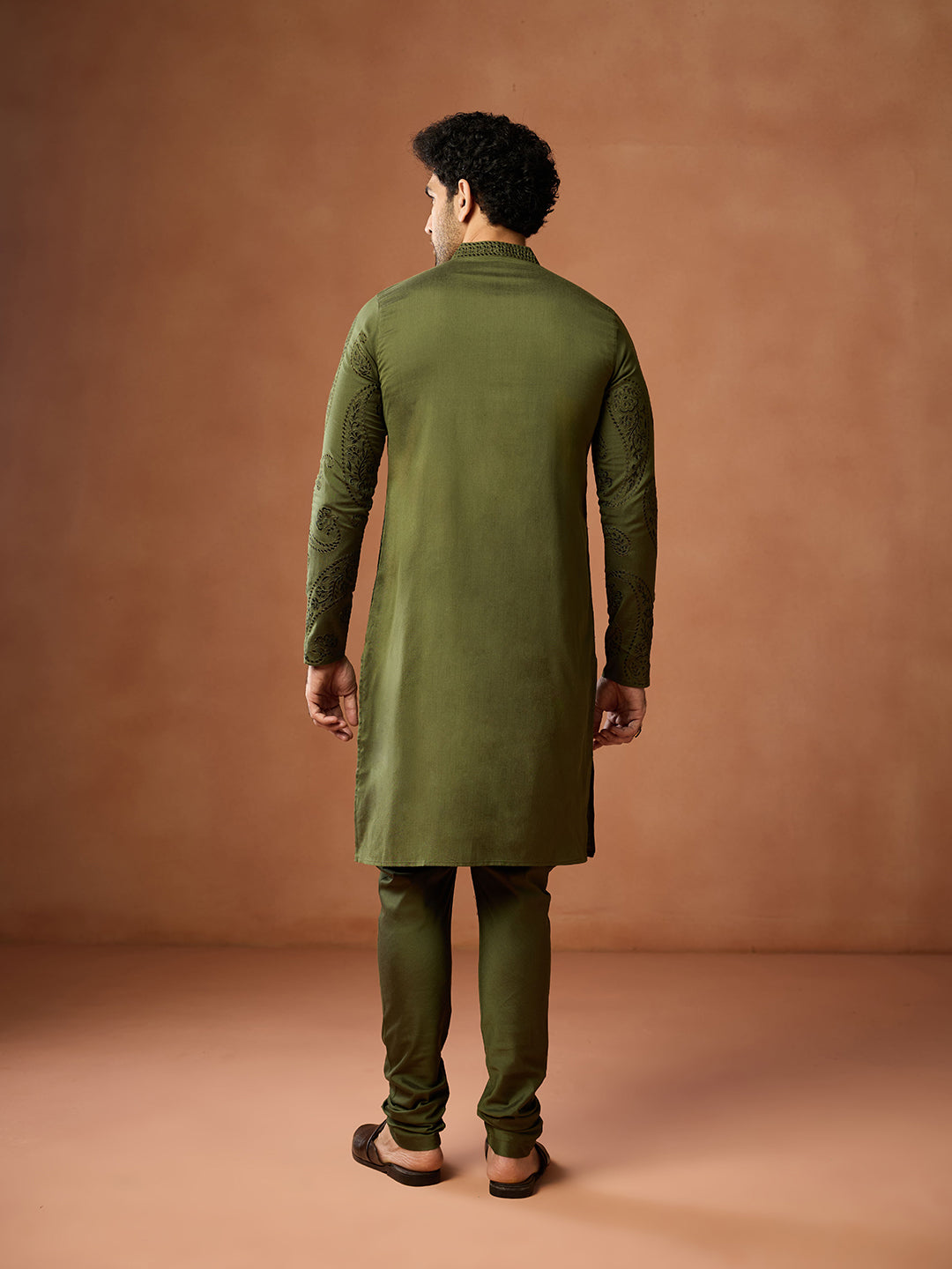 Olive Green Silk Blend Embroidered Kurta