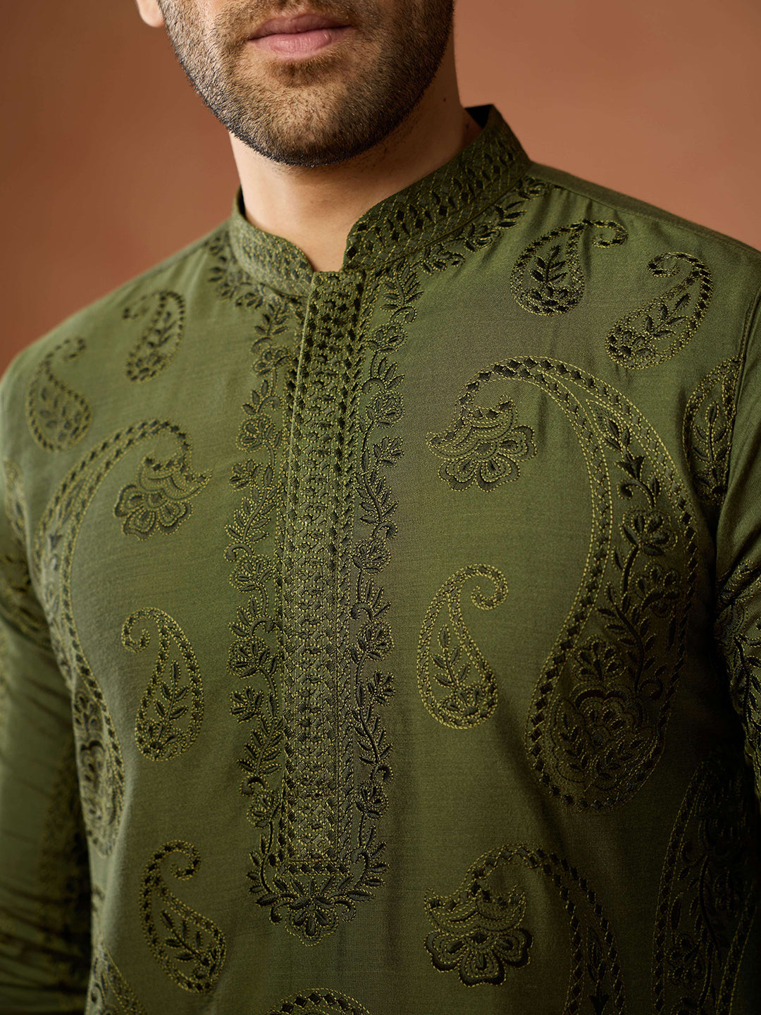 Olive Green Silk Blend Embroidered Kurta