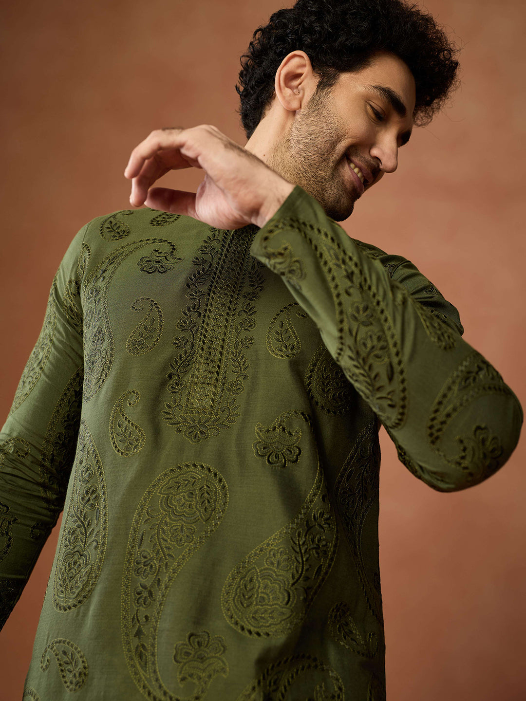 Olive Green Silk Blend Embroidered Kurta