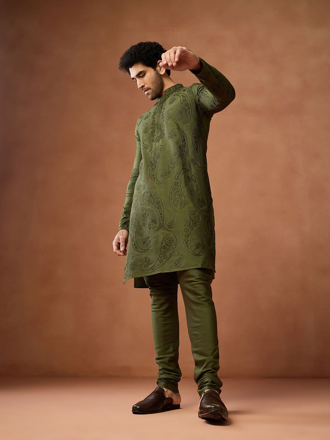 Olive Green Silk Blend Embroidered Kurta