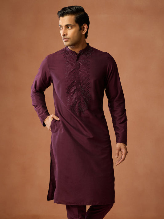 Wine Maroon Embroidered Silk Kurta
