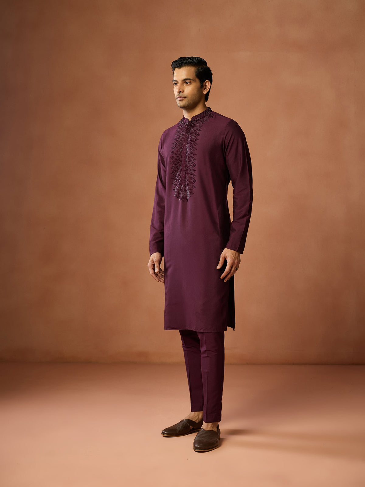 Wine Maroon Embroidered Silk Kurta
