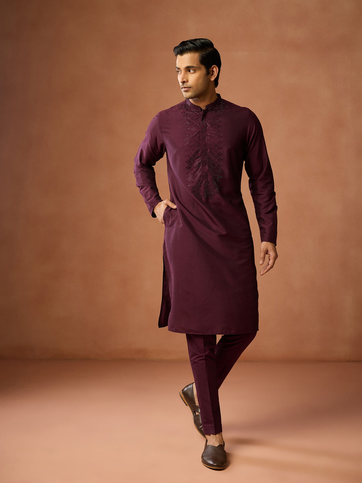 Wine Maroon Embroidered Silk Kurta