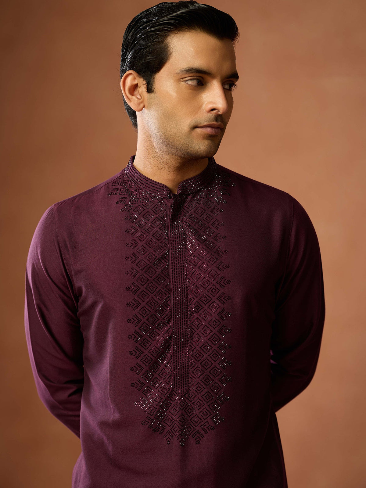 Wine Maroon Embroidered Silk Kurta