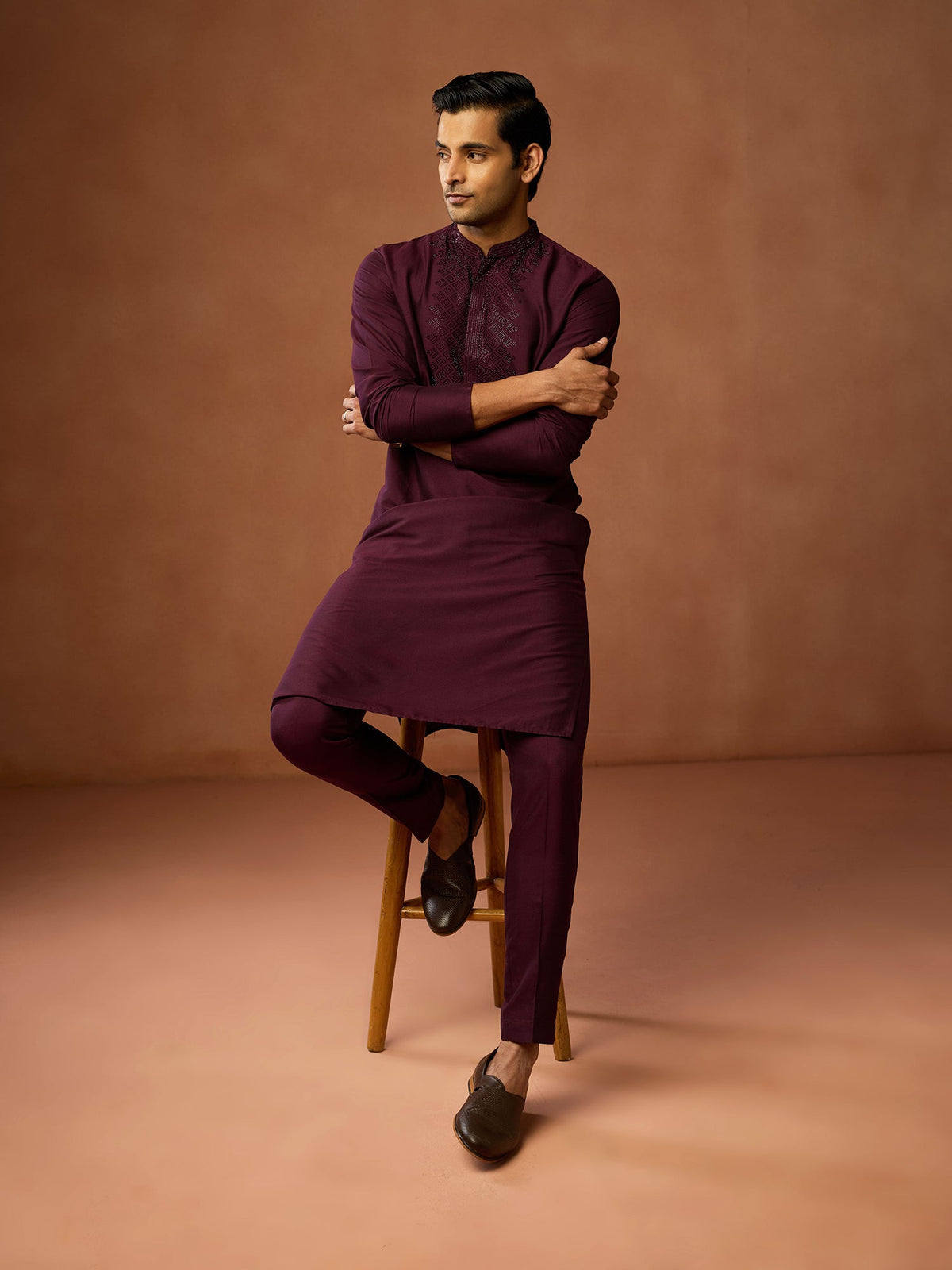 Wine Maroon Embroidered Silk Kurta
