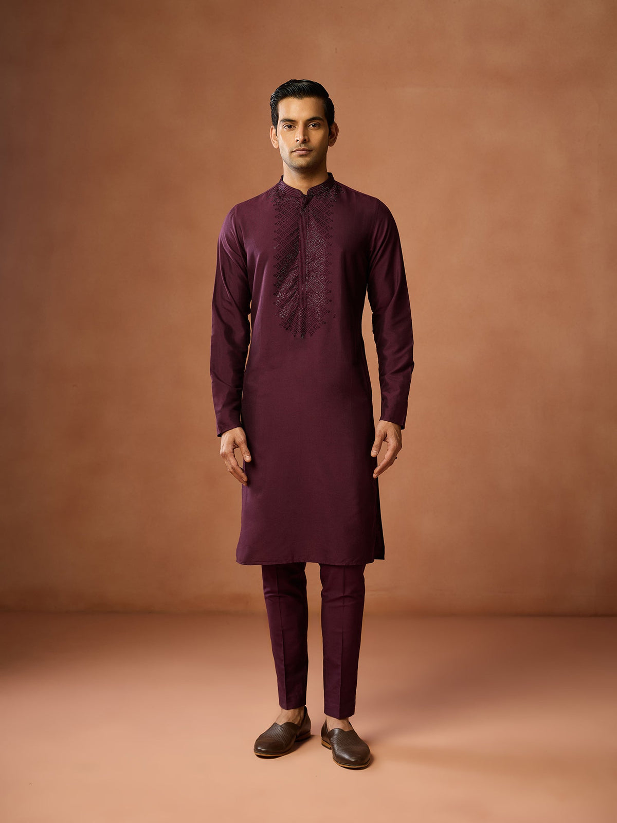 Wine Maroon Embroidered Silk Kurta