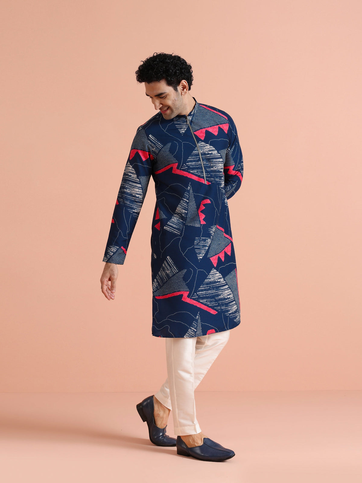Navy Kurta with Abstract Red Print