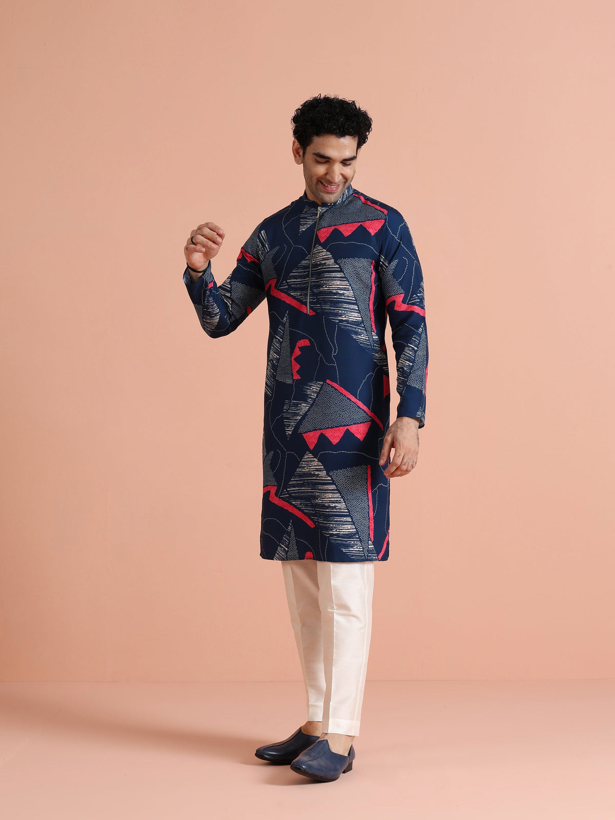 Navy Kurta with Abstract Red Print
