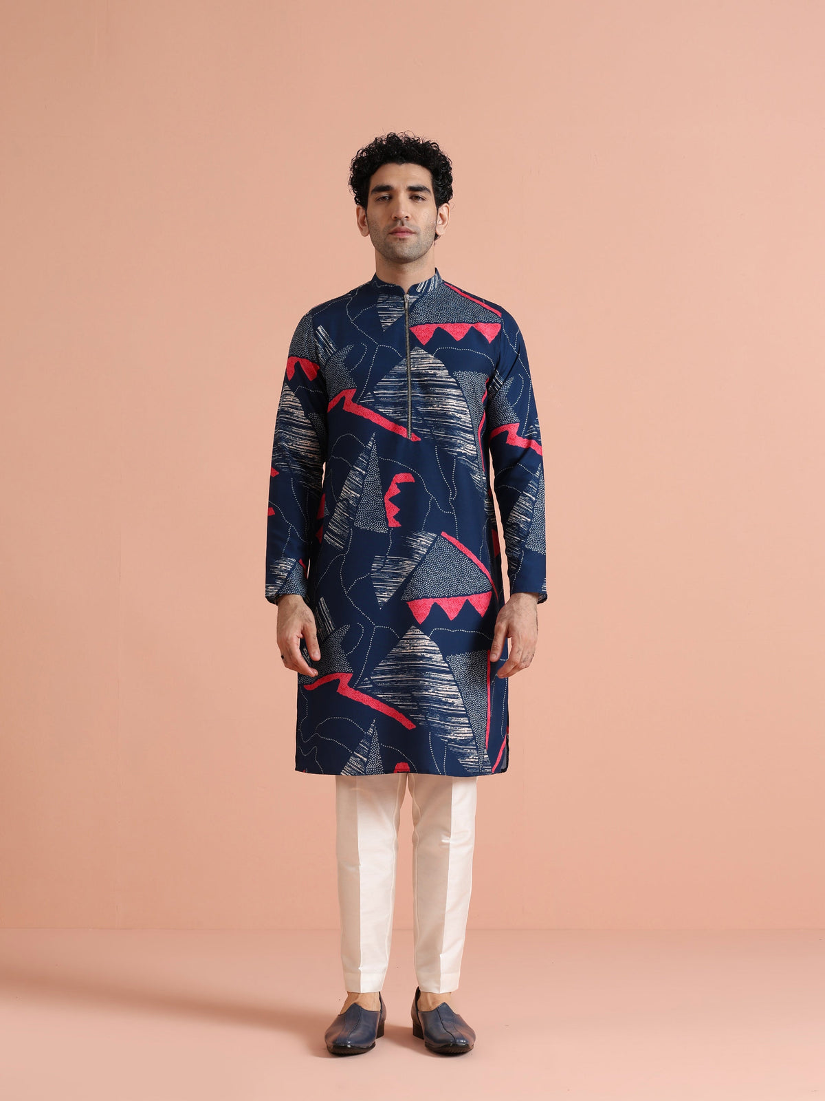Navy Kurta with Abstract Red Print