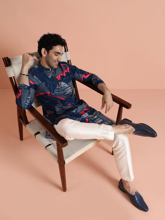 Navy Kurta with Abstract Red Print