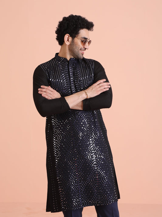 Black Poly Silk Mirror Work Kurta